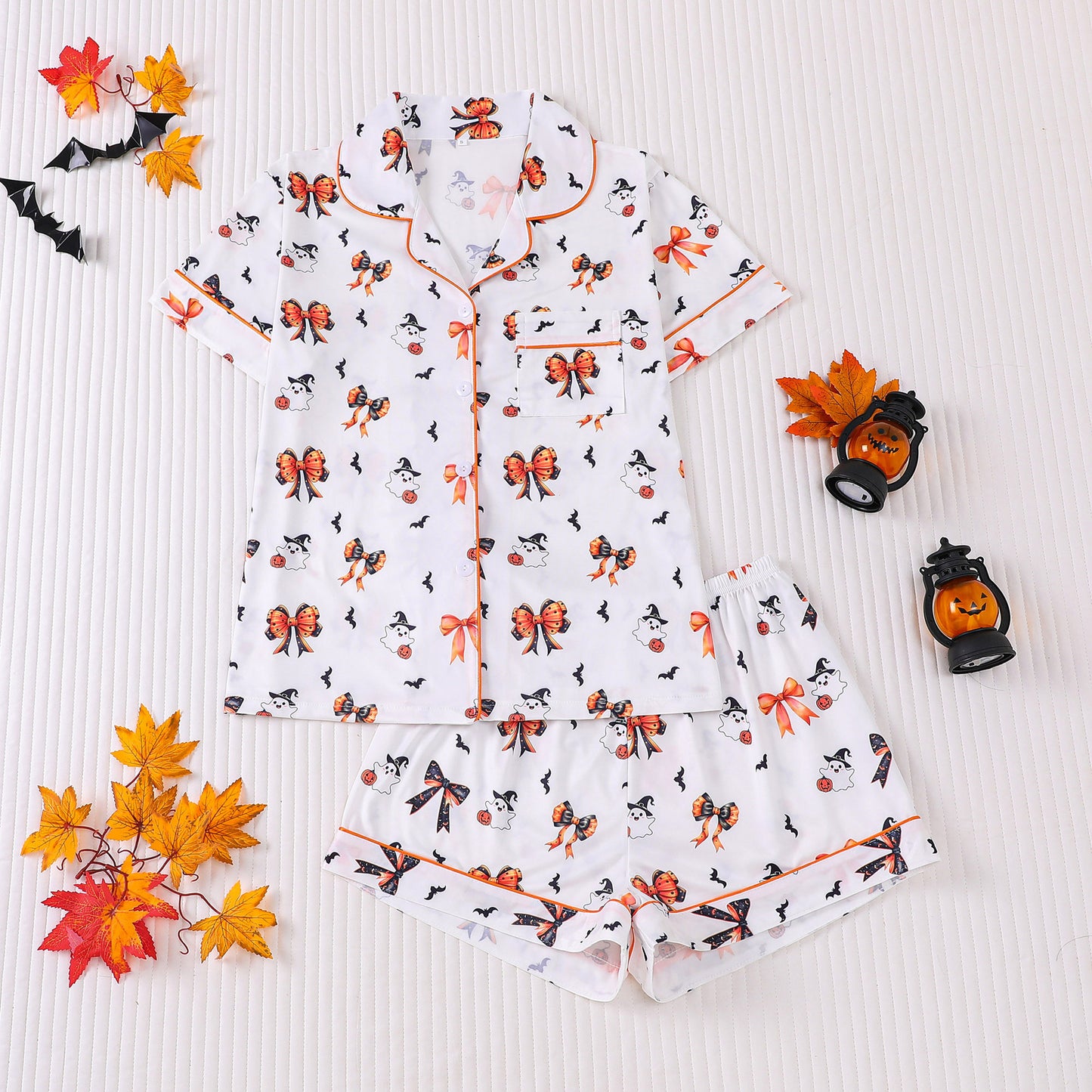 🎃👔Women's Halloween Printed Collar Short-Sleeved Shorts Pajama Set