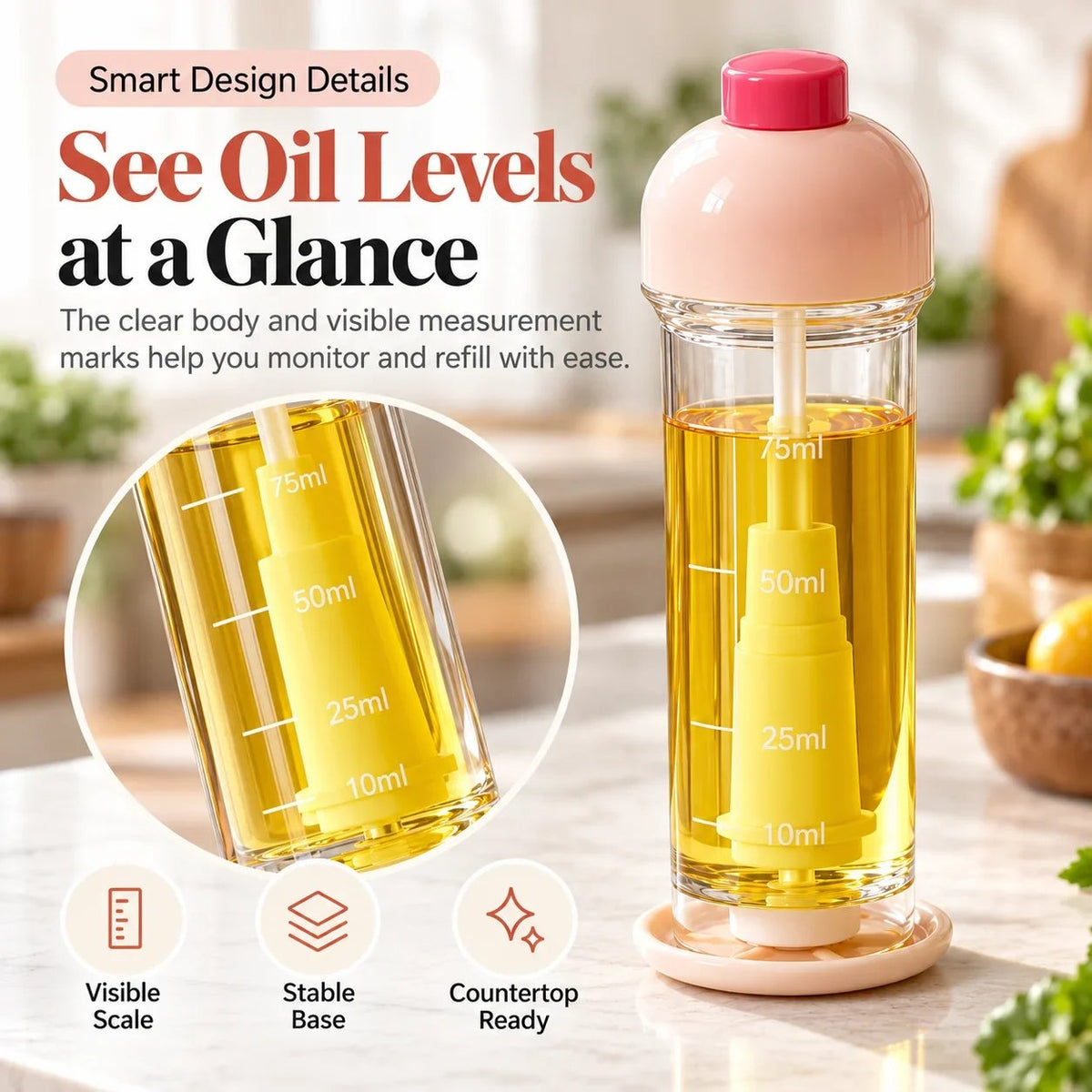 Vertical Downward Oil Sprayer Mister for Air Fryer & Cooking – Bottom Dispensing Fine Mist Olive Oil Bottle with Measurement Scale & Base Stand