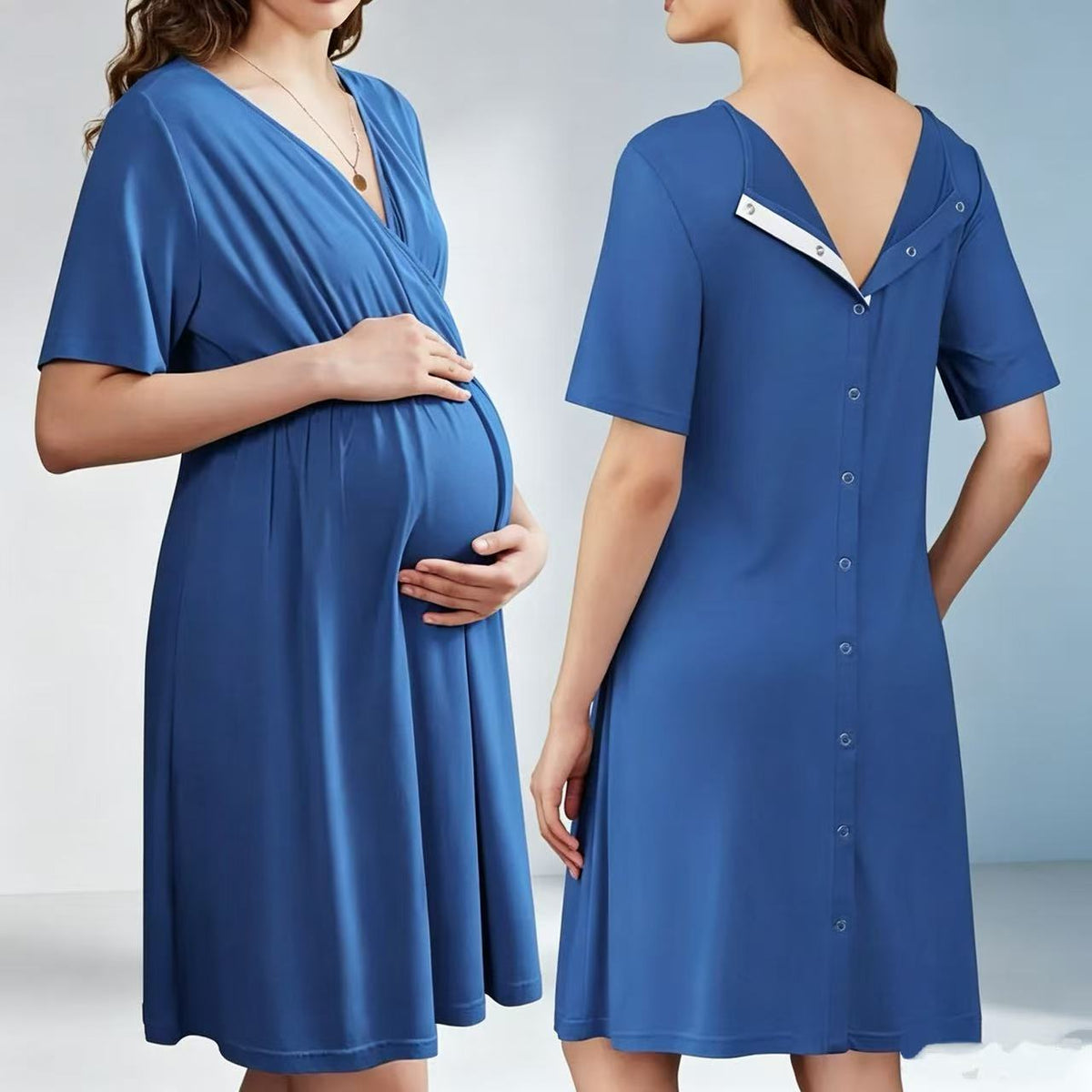 New V-neck Solid Color Maternity Nursing Short Sleeve Loose Breathable Dress