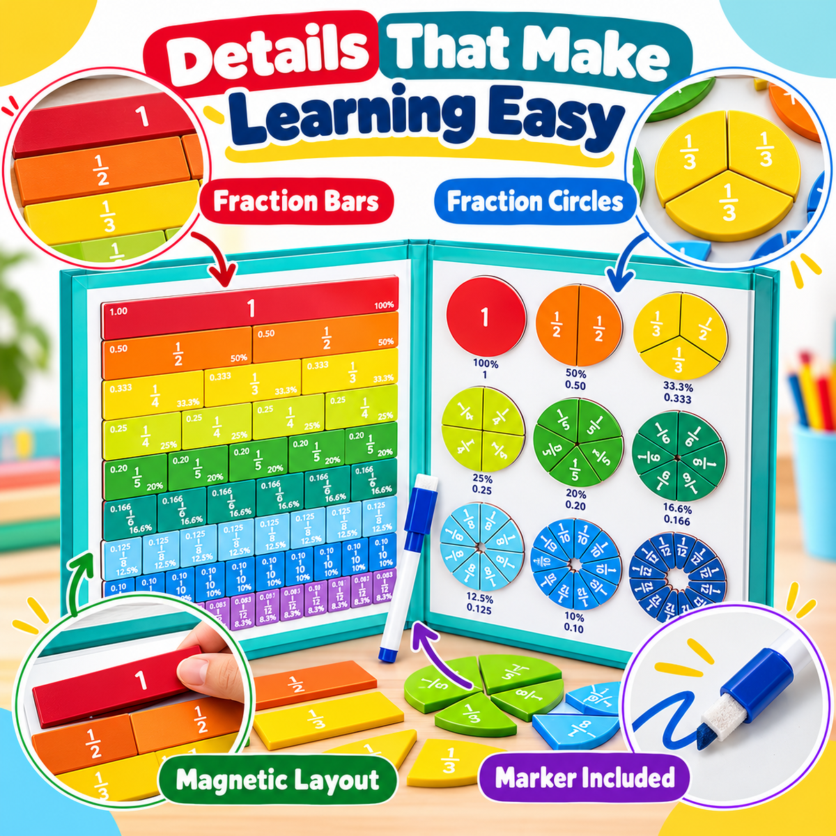 🌈Magnetic Fraction Demonstration Set – Durable STEM Math Montessori Teaching Aid