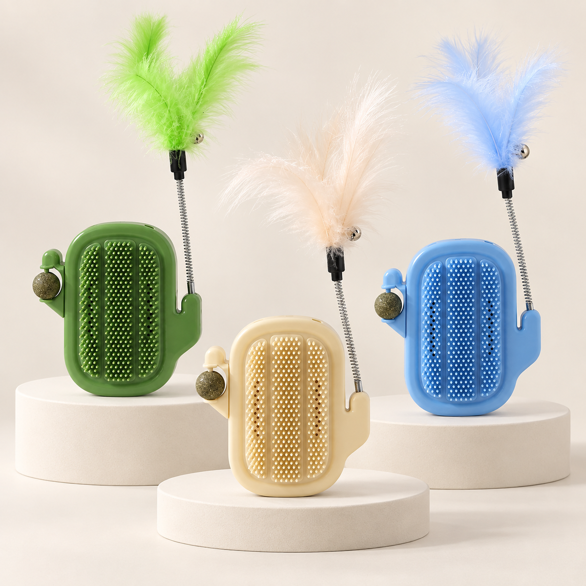 🌵 Say Goodbye to Bored Cats! 3-in-1 Cactus Self Grooming Massager with Catnip & Feather Toy