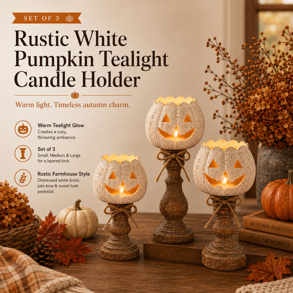 🎃Rustic White Pumpkin Candle Holder Set – Bring Warm Fall Glow & Cozy Halloween Charm Into Your Home🕯️