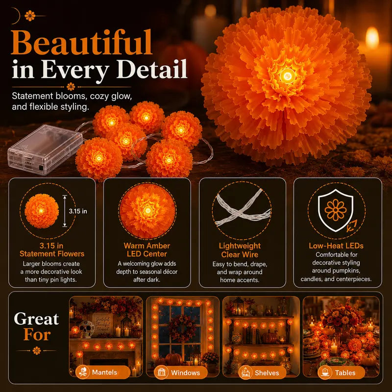 Marigold LED Memorial String Lights For Ofrendas & Remembrance