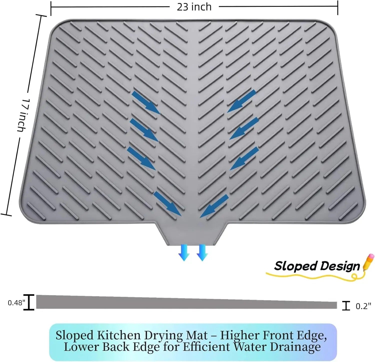 23 by 17 inch silicone dish drying mat dimensions and sloped drainage design