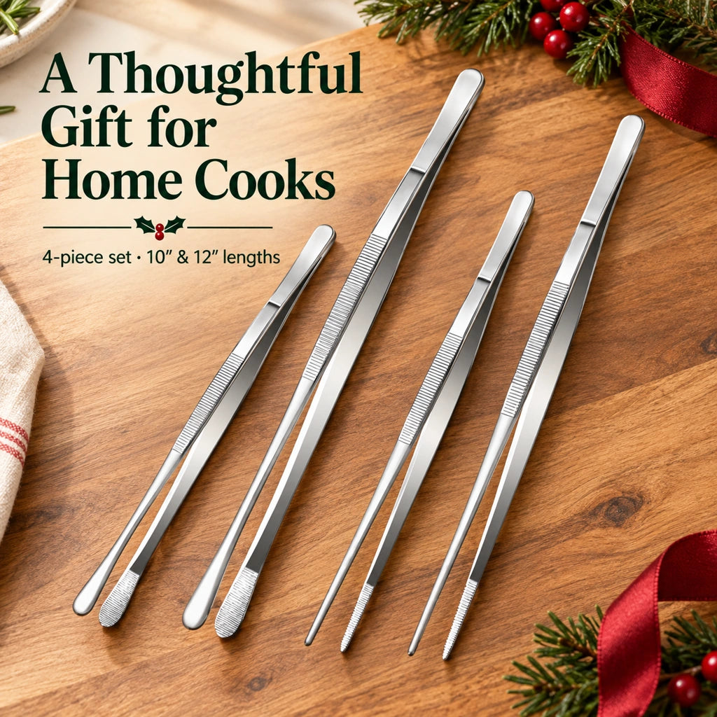🍳4-Piece Stainless Steel Kitchen Tweezer Set – 10″ & 12″ Cooking and Plating Tongs