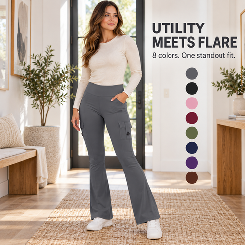 🧘‍♀️ High-Waisted Flare Cargo Yoga Pants – Tummy Control & Leg-Lengthening Fit