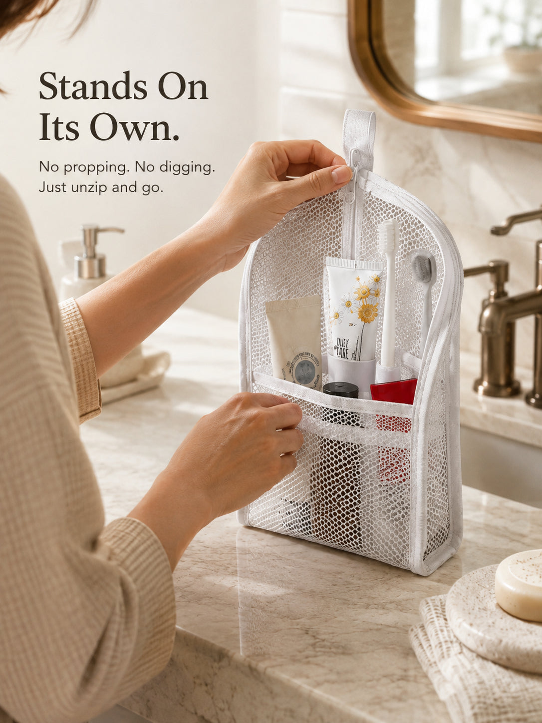 Self-Standing Travel Toiletry Pouch | No Propping, No Digging 🧳