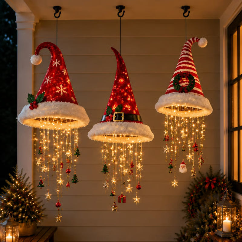 🎅 Magical Lighted Santa Hat Hanging Chandelier 🎄 | Indoor & Outdoor Warm LED Christmas Decor Gift ✨