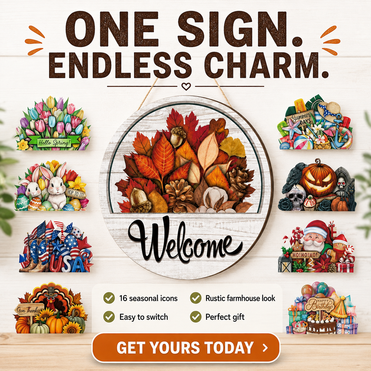 🌟 16-in-1 Interchangeable Seasonal Welcome Sign for Front Door 🚪 Porch Decor & Holiday Home Decorations 🌿