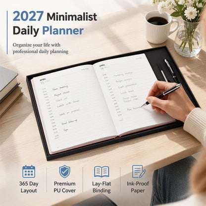 📅 2027 Deluxe Daily Planner with Pen – Waterproof Cover & Color-Coded Index 🖊️