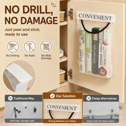 🧹 Declutter Any Space in Seconds! No-Drill Hanging Mesh Storage Bag & Wall Organizer ✨
