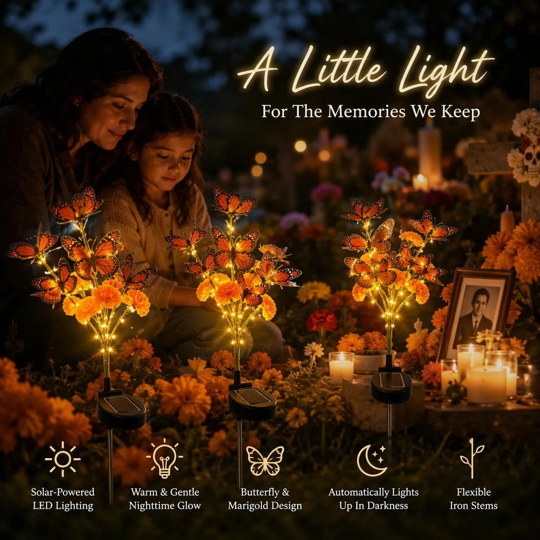 🌼 Beautiful by Day, Glowing by Night — Solar Marigold Butterfly Memorial Garden Lights 🦋