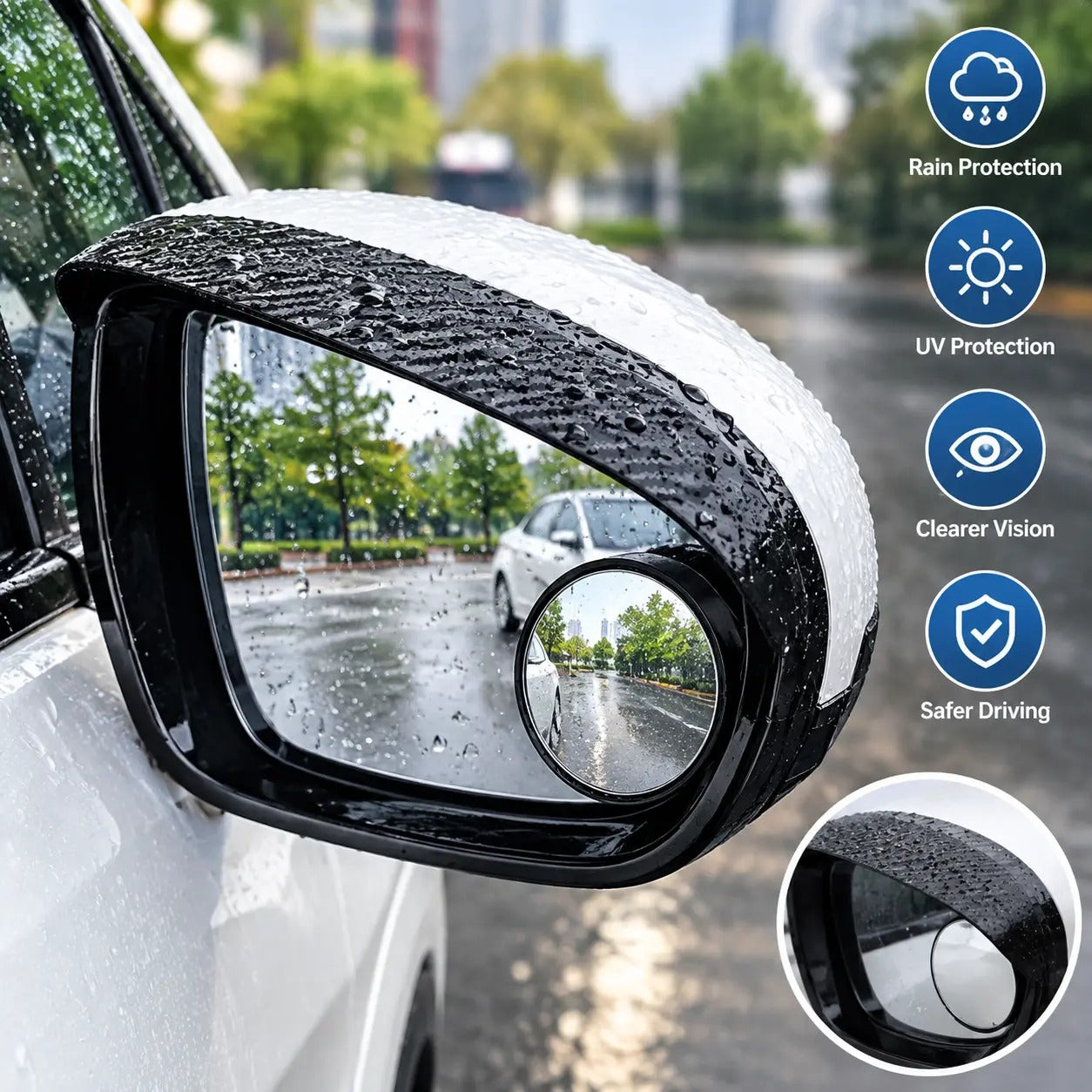 Car side mirror rain visor with blind spot mirror