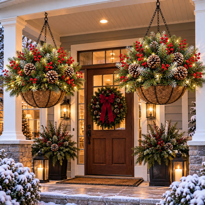 Pre-Lit Christmas Hanging Basket | Artificial Pine & Berry Porch Decor