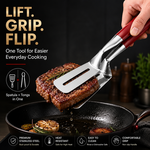 🍳 2-in-1 Stainless Steel Spatula Tongs | Flip, Grip & Serve with Ease