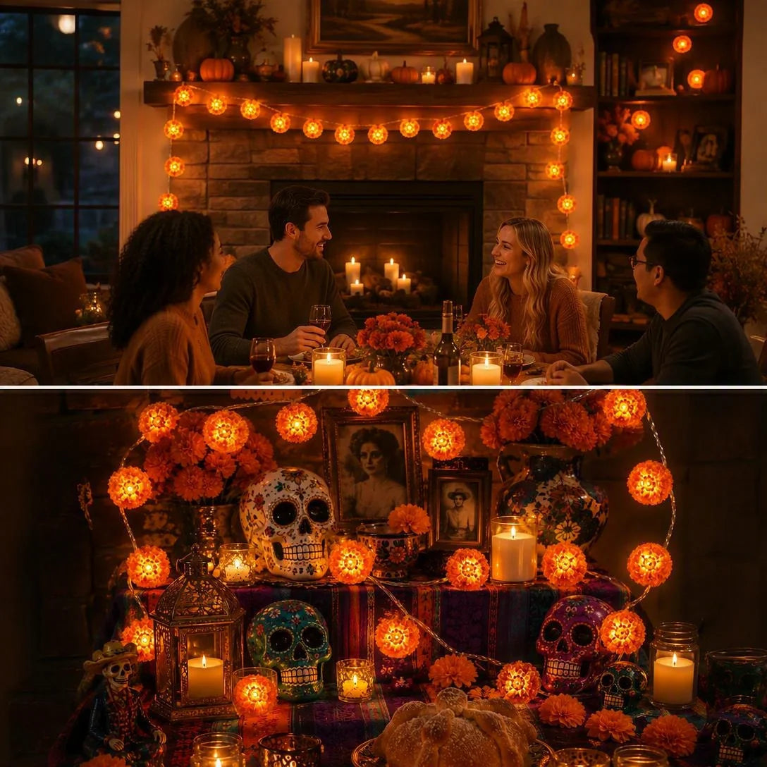 🌼 Illuminate Your Ofrendas with Warmth! Marigold LED Memorial String Lights✨