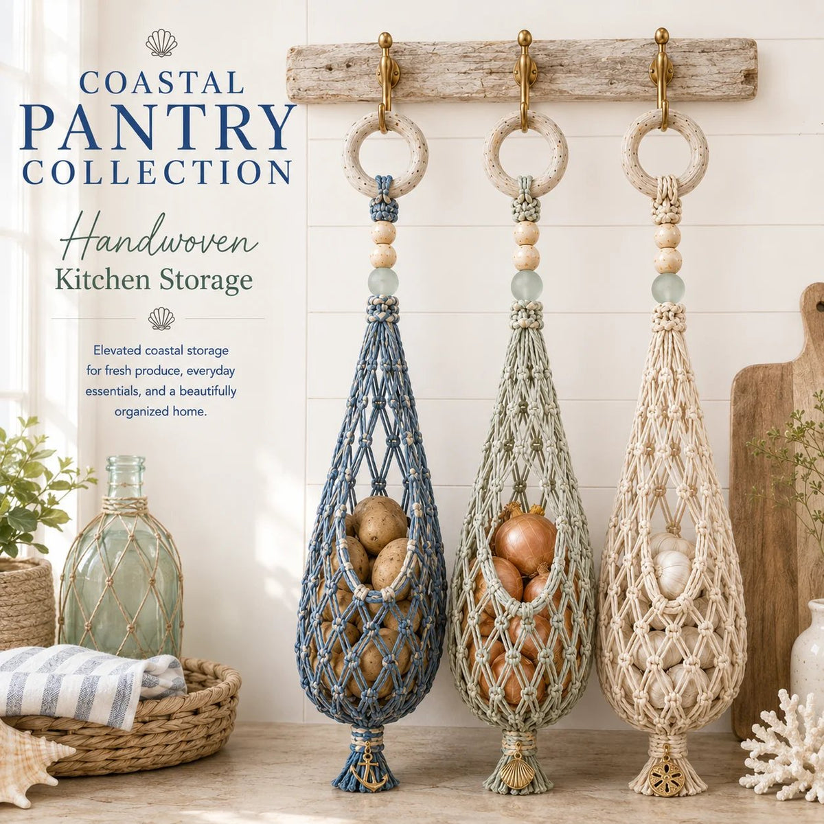 🌊 Boho Coastal Hanging Produce Basket | Handwoven Breathable Fruit & Veggie Organizer 🥔