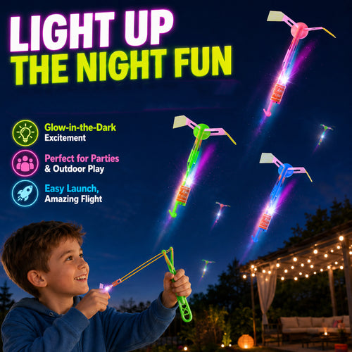 🌟 Light Up LED Flying Helicopter Set 🚀 | Glow Slingshot Rockets for Kids & Party Fun 🌙