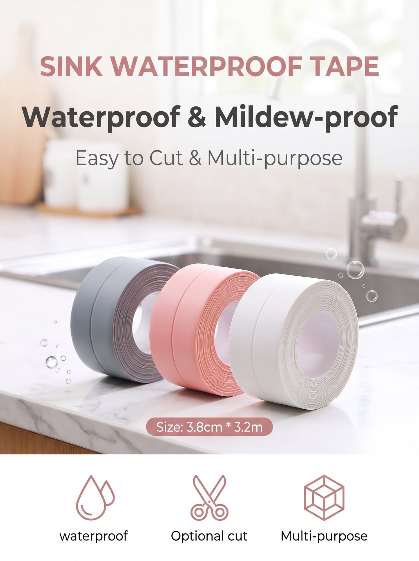 🔥 BUY 3 GET 1 FREE🚀 Instant Home Makeover — Peel & Stick Waterproof Caulk Tape for Sink & Tub 🛁✨
