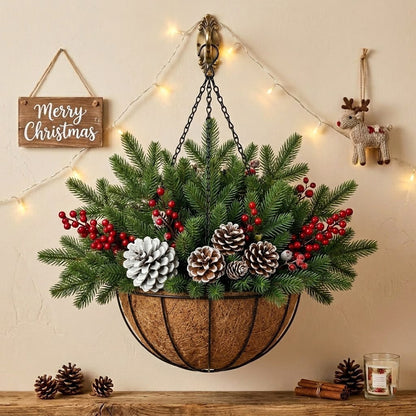 Pre-Lit Christmas Hanging Basket | Artificial Pine & Berry Porch Decor