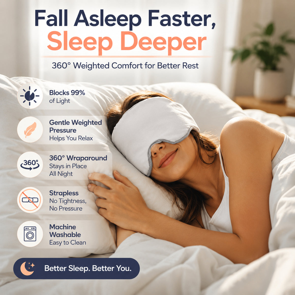 😴 360° Weighted Blackout Sleep Mask – No Tight Strap Just Soft Wraparound Comfort