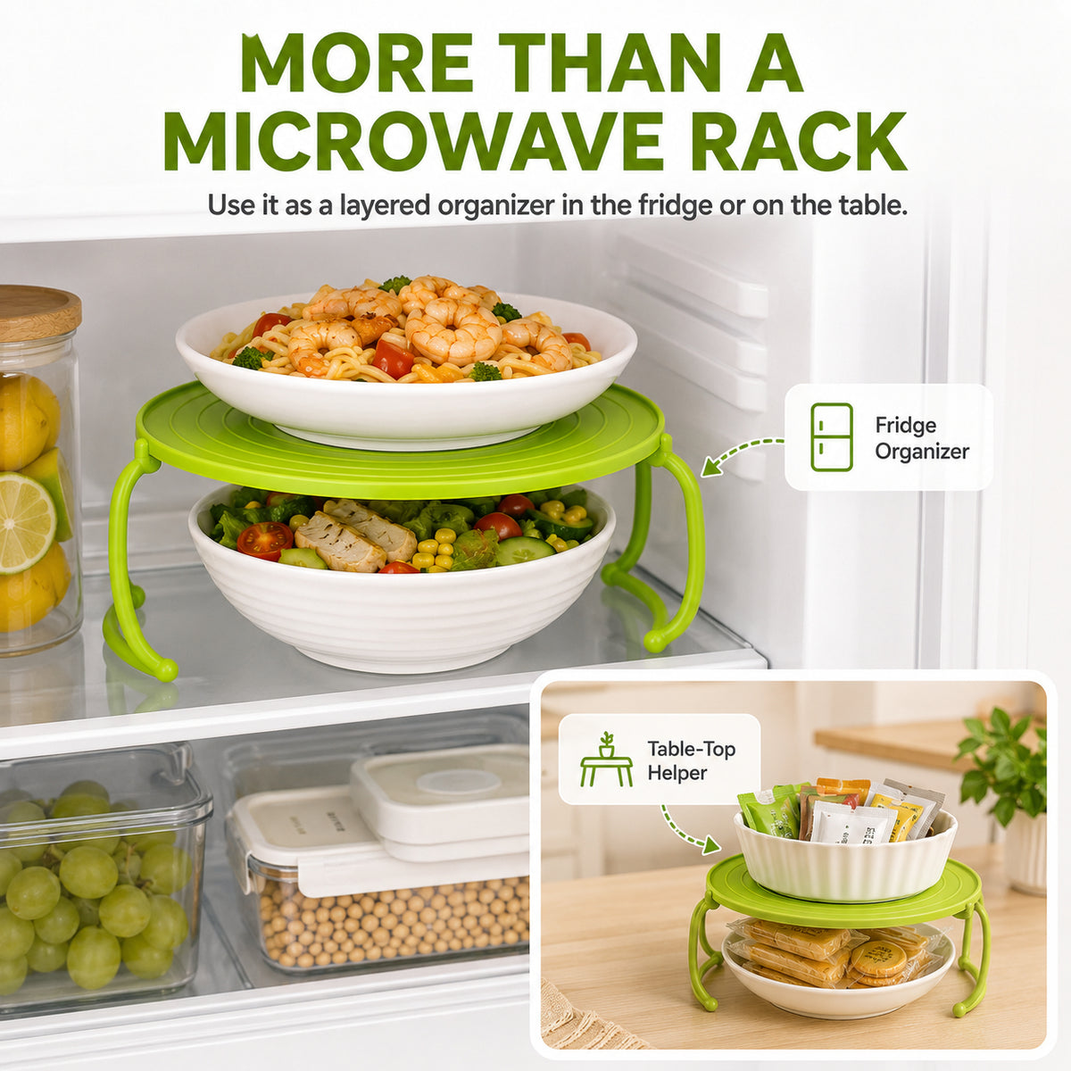 🔥 Double Your Space & Heat 2X Faster! Multi-Functional Foldable Microwave Rack & Fridge Organizer 🍽️💚
