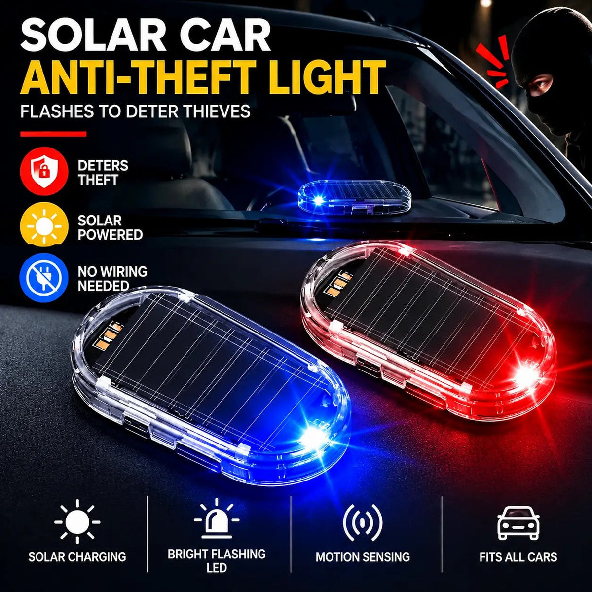 🚨 2-Pack Solar Powered Fake Car Alarm Light – Auto-Sensing LED Security Warning Light