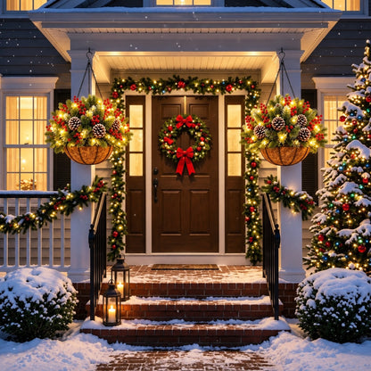 Pre-Lit Christmas Hanging Basket | Artificial Pine & Berry Porch Decor