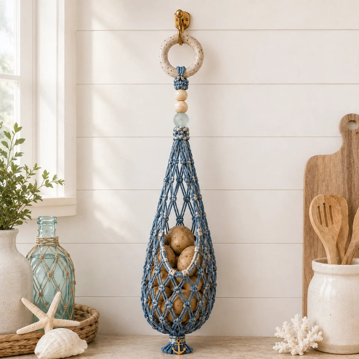 🌊 Boho Coastal Hanging Produce Basket | Handwoven Breathable Fruit & Veggie Organizer 🥔