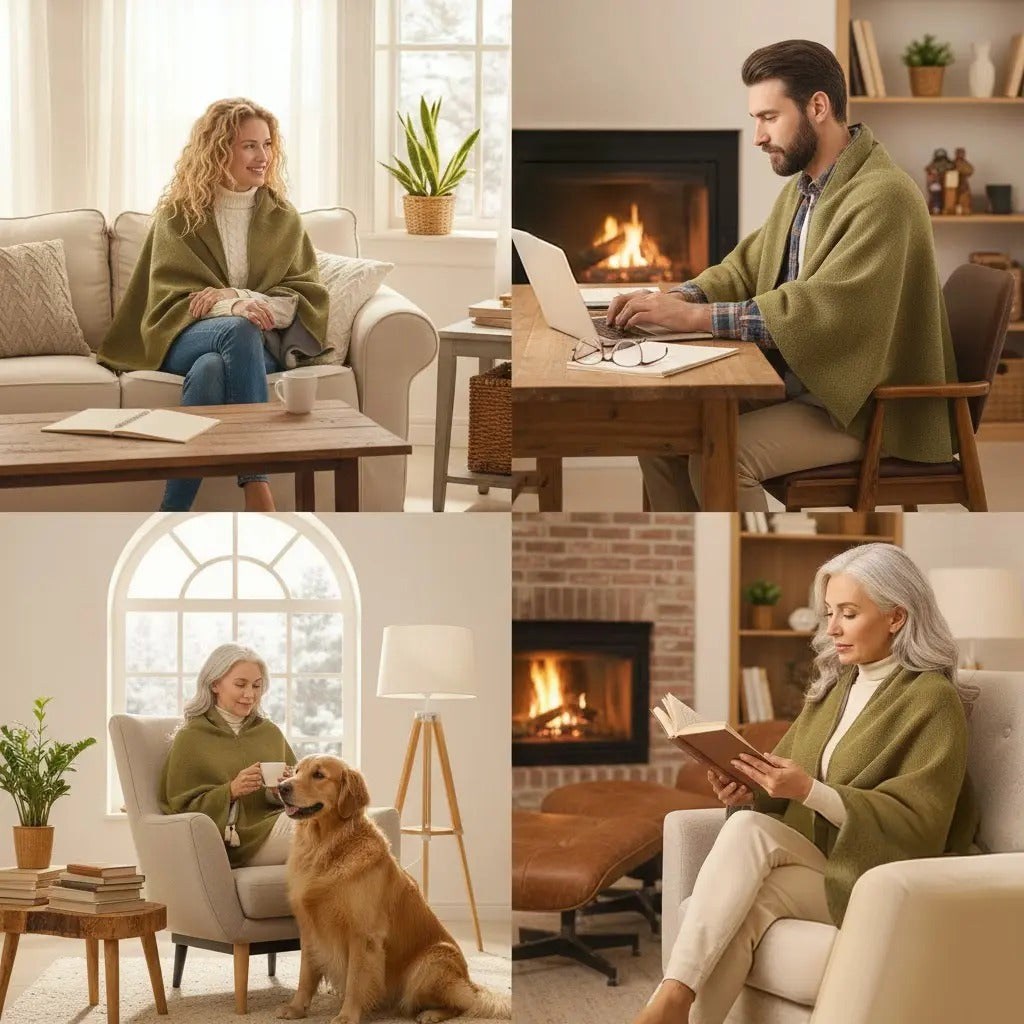 Heated shawl used for working reading and relaxing at home