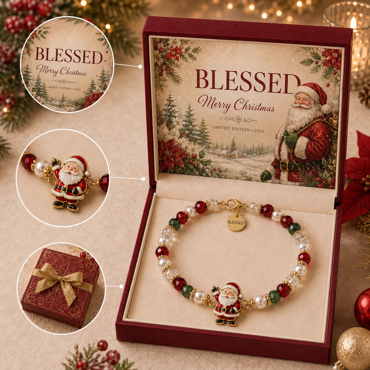 🌟 Festive Santa Claus Beaded Bracelet Gift Box 🎄 — Spread Joy & Blessings This Season! 💖