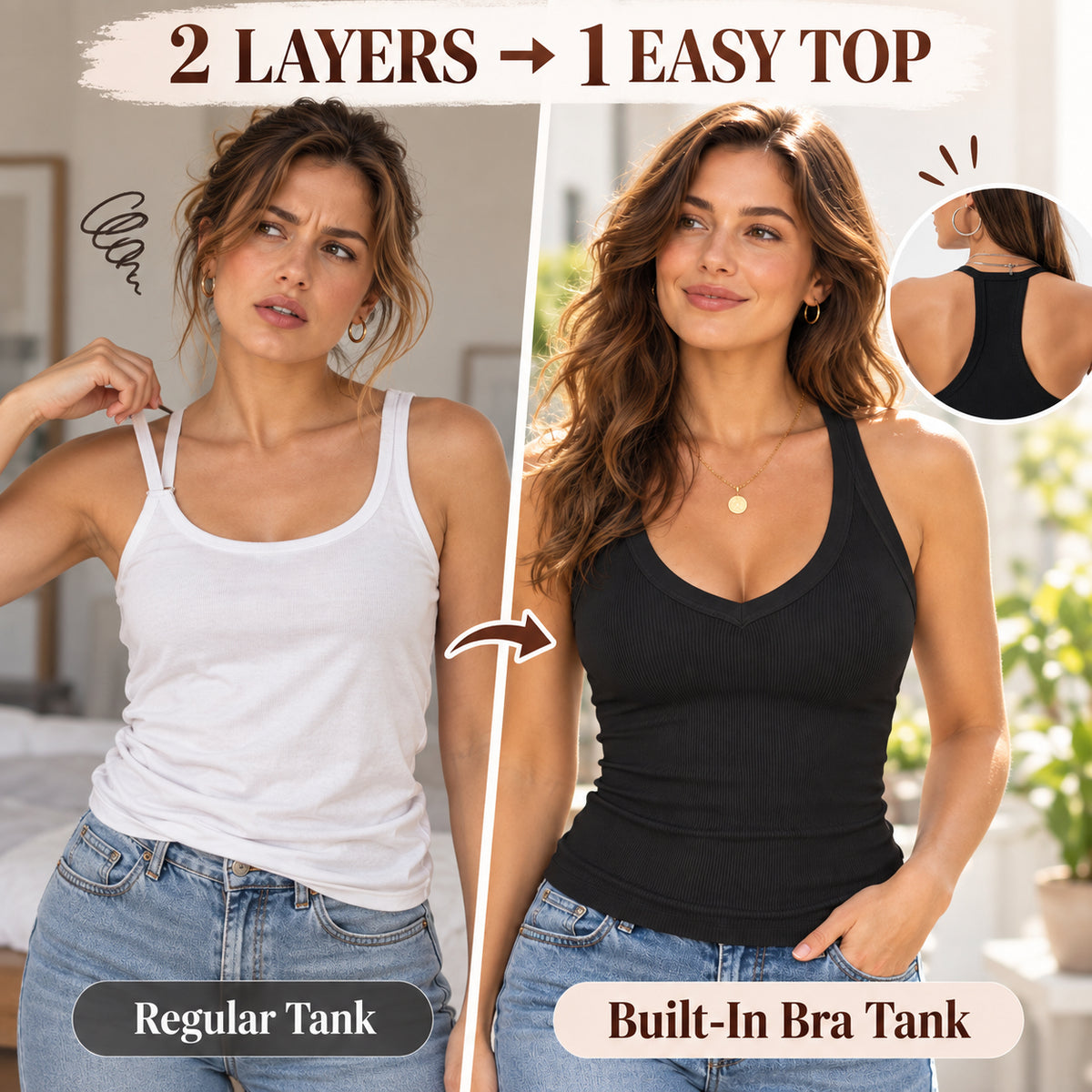 ✨Buy three get one free 👚Built-In Bra Ribbed Tank Top — Supportive, Flattering & No Extra Bra Needed
