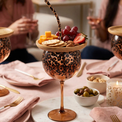 🍷 2-in-1 Wine Glass & Charcuterie Board Set! 🐆 Leopard Print Glass with Bamboo Snack Lid & Straw 🧀