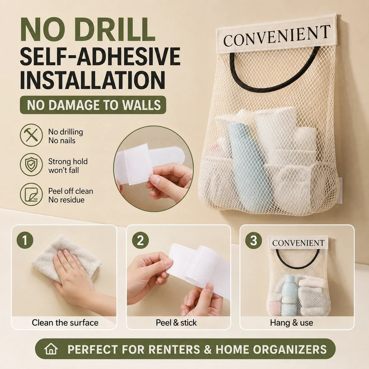 🧹 Declutter Any Space in Seconds! No-Drill Hanging Mesh Storage Bag & Wall Organizer ✨