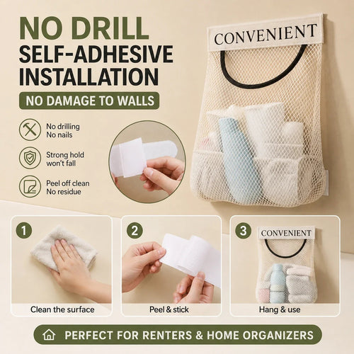 🧹 Declutter Any Space in Seconds! No-Drill Hanging Mesh Storage Bag & Wall Organizer ✨