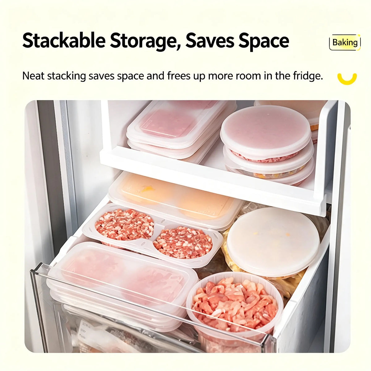 Stackable patty containers organized inside a freezer