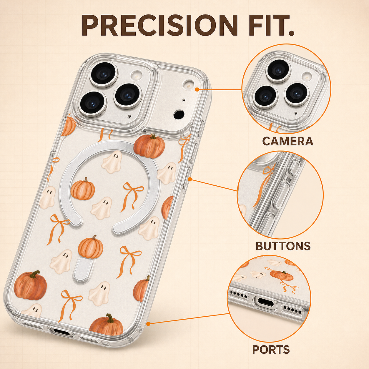 Ghost Pumpkin Orange Bow Watercolor Phone Case,Soft Fall Halloween Pattern
