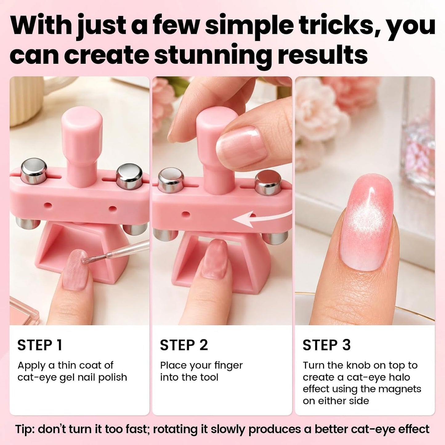 💅[Viral Nail Art Essential] Rotating Cat Eye Gel Nail Magnet Tool with Dual Height Finger Rests – Effortless 3D Aura Nails!