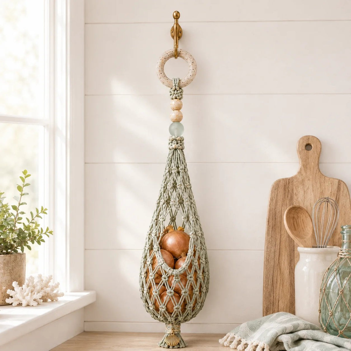 🌊 Boho Coastal Hanging Produce Basket | Handwoven Breathable Fruit & Veggie Organizer 🥔