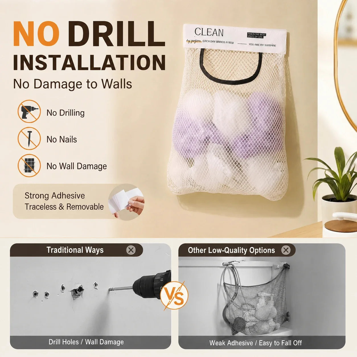 🧹 Declutter Any Space in Seconds! No-Drill Hanging Mesh Storage Bag & Wall Organizer ✨
