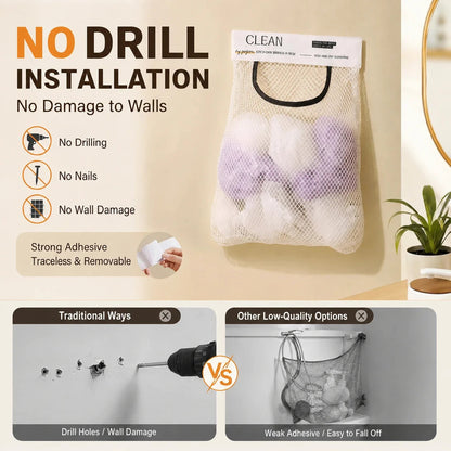 🧹 Declutter Any Space in Seconds! No-Drill Hanging Mesh Storage Bag & Wall Organizer ✨