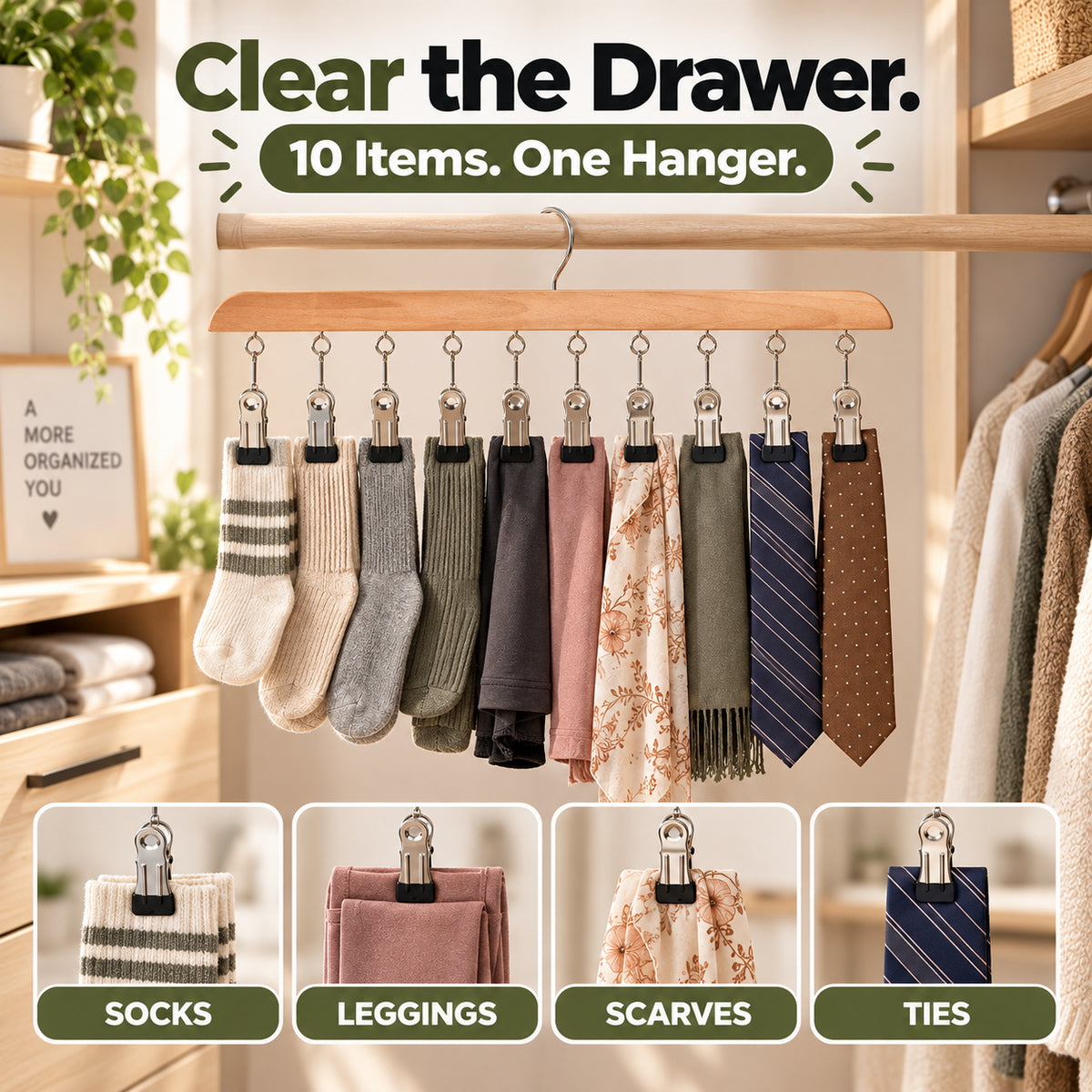 🌿 10-Clip Wooden Hanger – Organize More, Save Closet Space