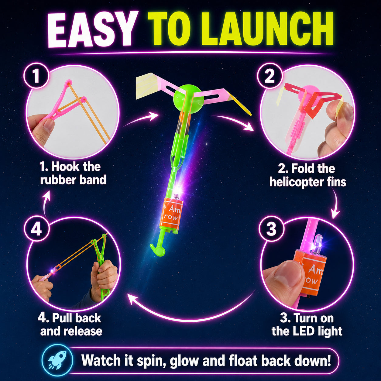 🌟 Light Up LED Flying Helicopter Set 🚀 | Glow Slingshot Rockets for Kids & Party Fun 🌙