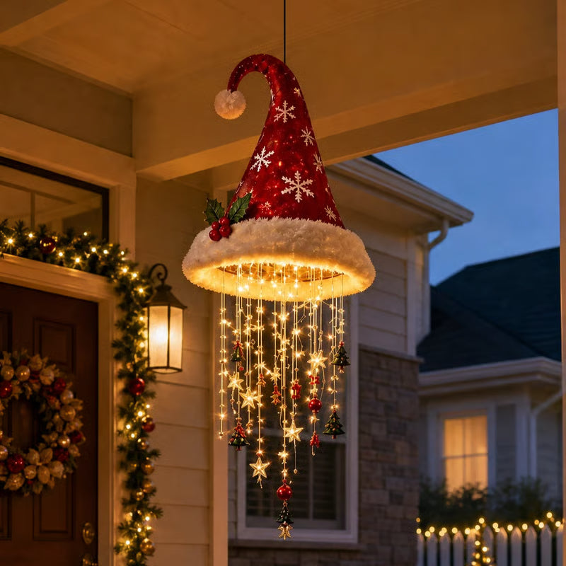 🎅 Magical Lighted Santa Hat Hanging Chandelier 🎄 | Indoor & Outdoor Warm LED Christmas Decor Gift ✨