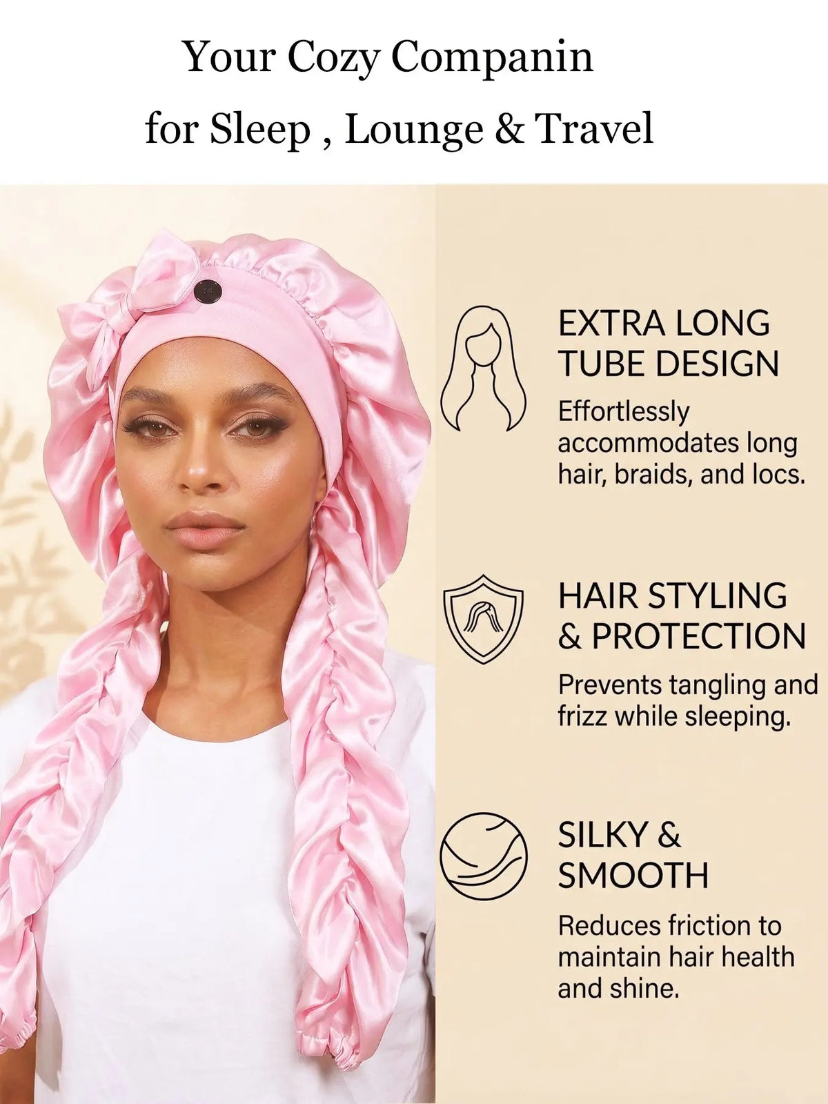 Extra-long satin-style bonnet for sleep lounge and travel