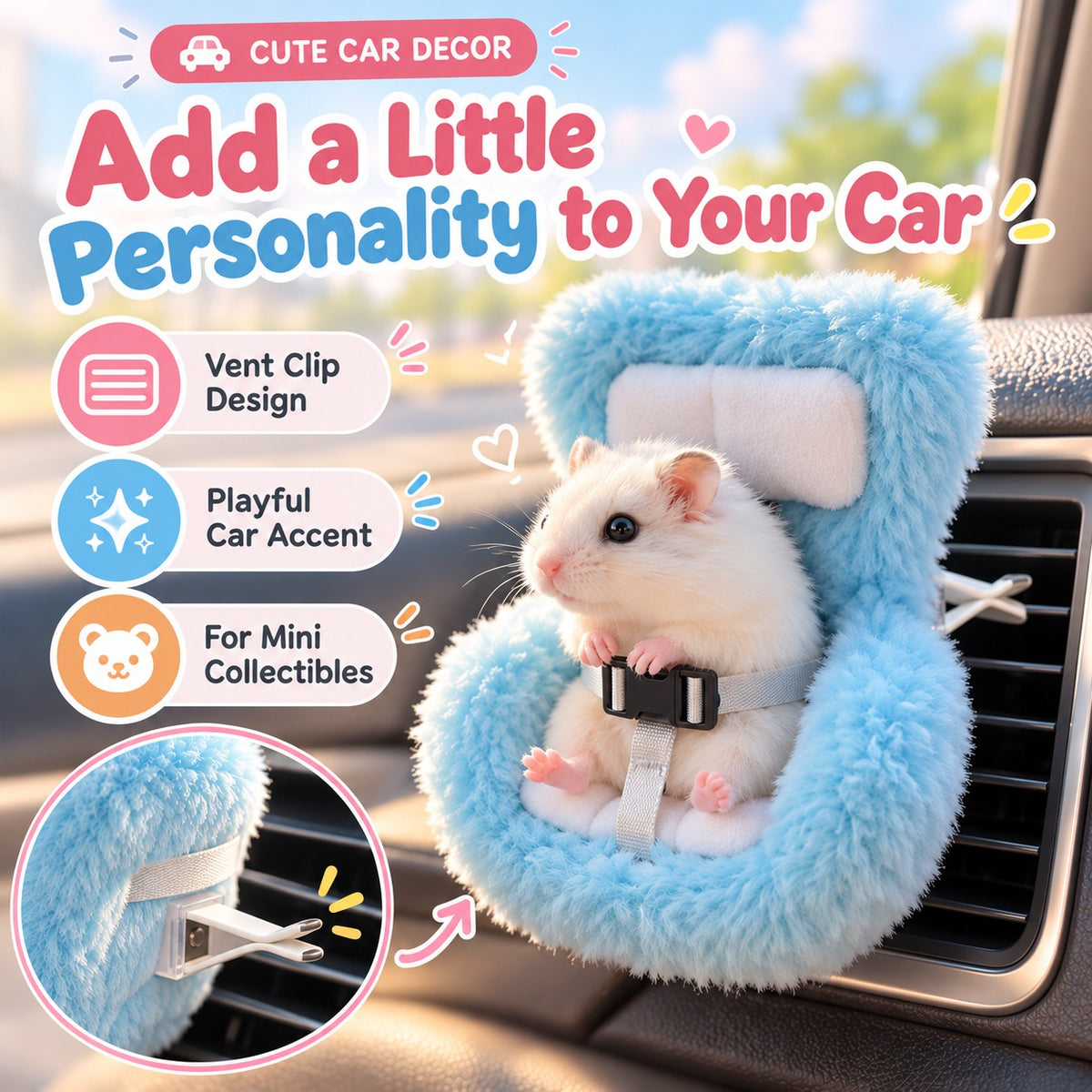 🔥Buy three get one free🐹 Mini Hamster Car Seat & Co-Pilot Feeding Perch – Universal Air Vent Mount & Safety Harness for Small Pets