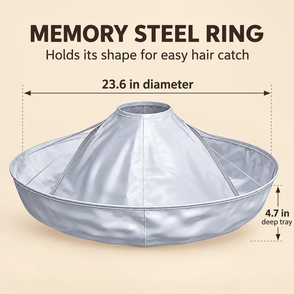 Haircut cape showing memory steel ring and dimensions