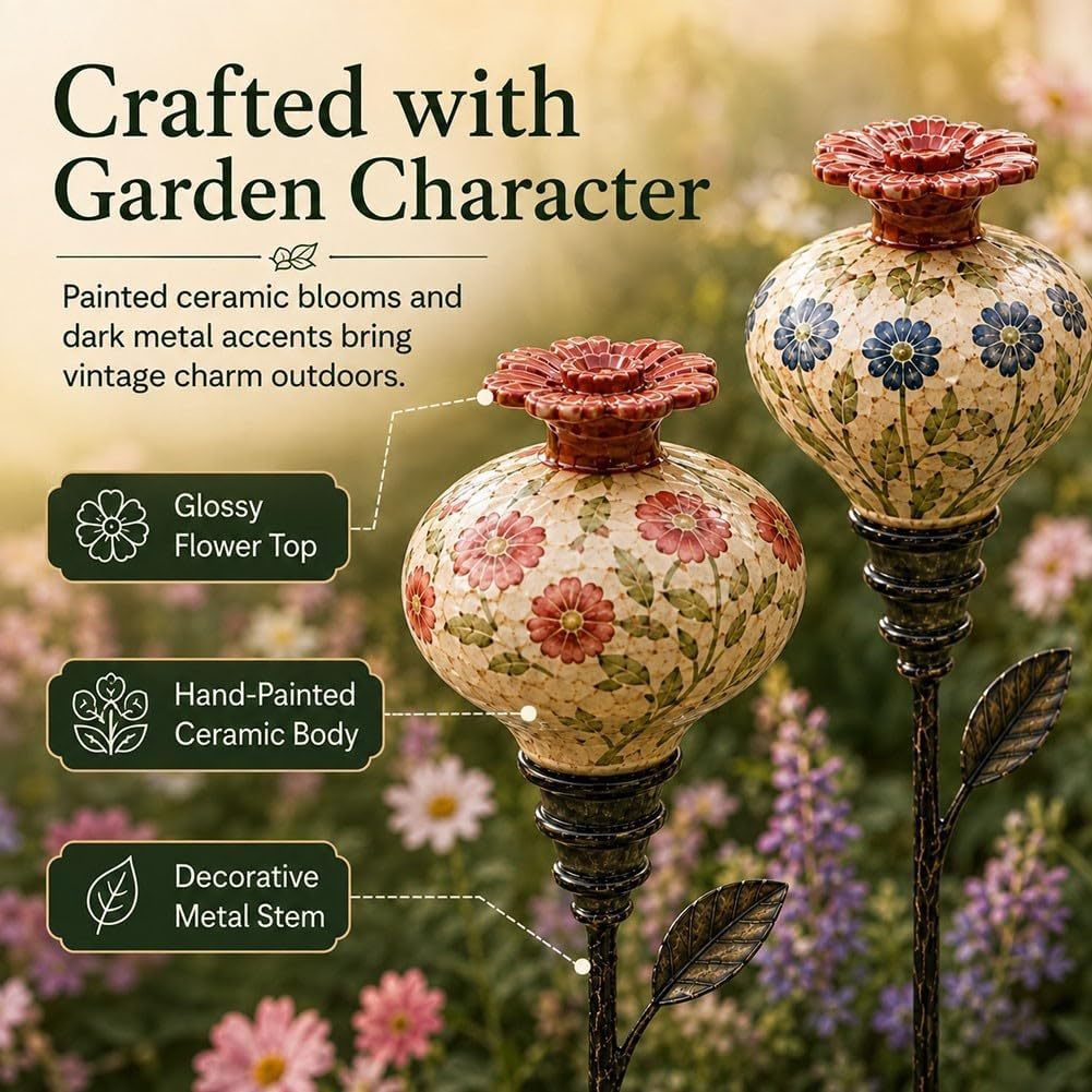 Vintage Ceramic Hummingbird Feeder Garden Stake (Set of 3) 🌺🐦✨ Best Seller