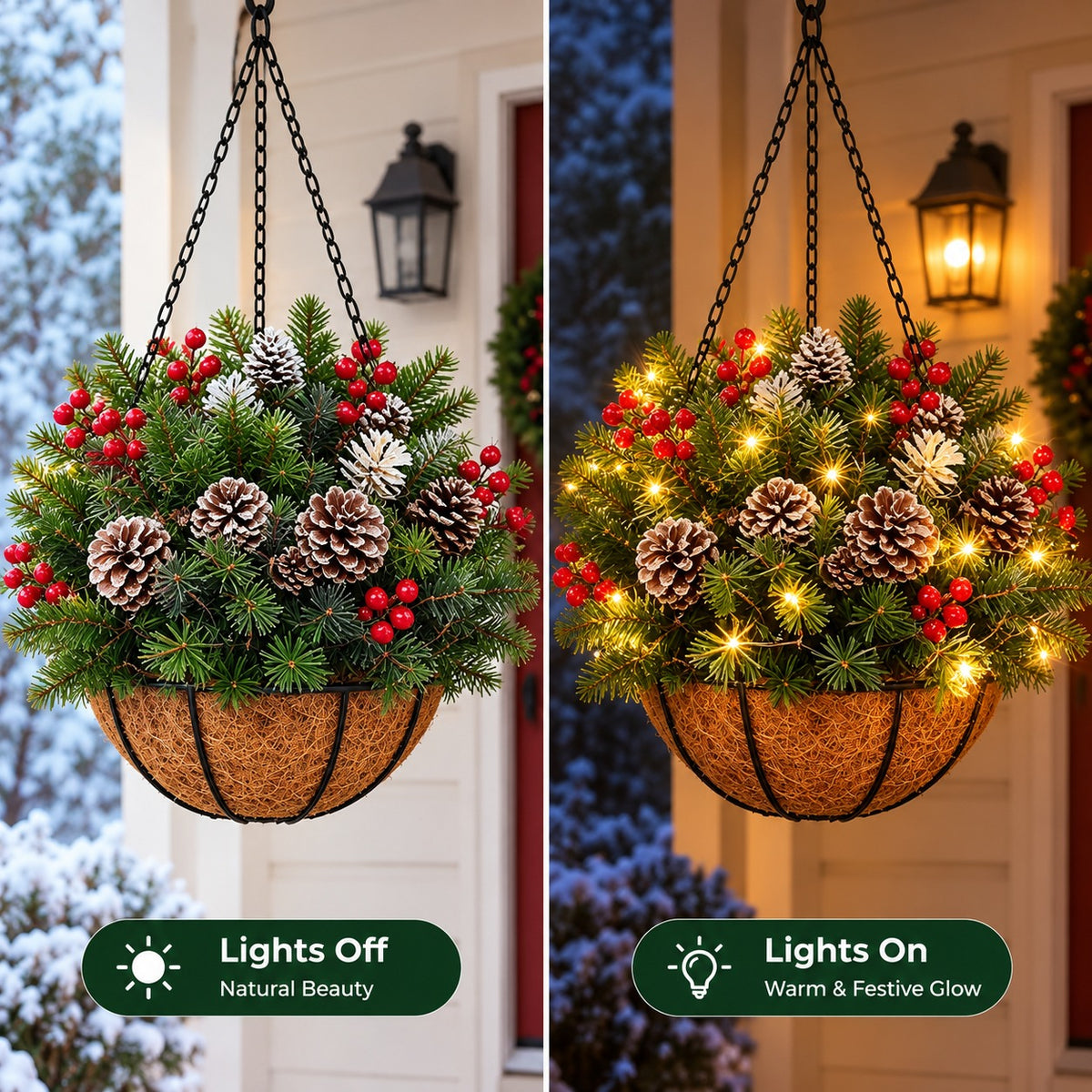 Pre-Lit Christmas Hanging Basket | Artificial Pine & Berry Porch Decor