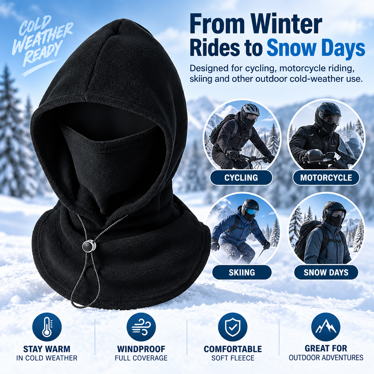 One‑Piece Winter Full Head Face Neck Cover With Drawstring Adjustable